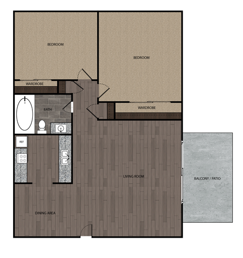 2D rendering of two bedroom one full bathroom floor plan featuring private patio. Approximately 760 square feet.