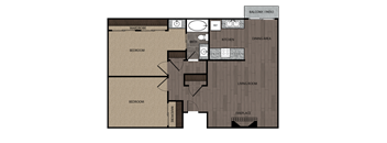 Rendered drawing of two bedroom one full bathroom and kitchen floorplan with private patio/balcony.. Approximately 904 square feet.