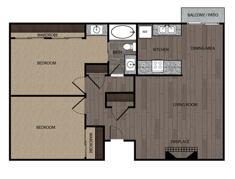 Rendered drawing of two bedroom one full bathroom and kitchen floorplan with private patio/balcony.. Approximately 904 square feet.