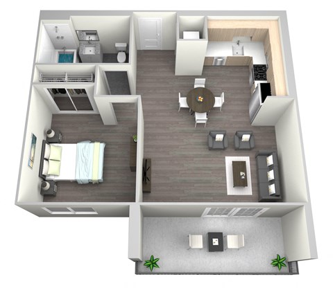a floor plan of a one bedroom apartment with two bathrooms and a living room with a dining