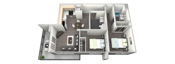 a floor plan of a one bedroom apartment with two bathrooms and a living room with a dining
