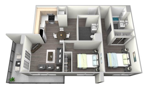 a floor plan of a one bedroom apartment with two bathrooms and a living room with a dining