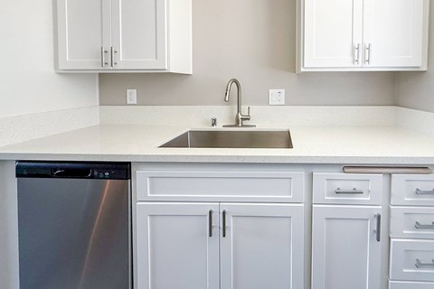 A kitchen with white cabinets and a stainless steel dishwasher.