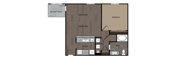 rendered drawing of one bedroom one full bathroom and kitchen with private patio/balcony. Approximately 771 square feet