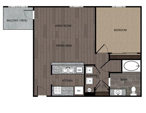 rendered drawing of one bedroom one full bathroom and kitchen with private patio/balcony. Approximately 771 square feet