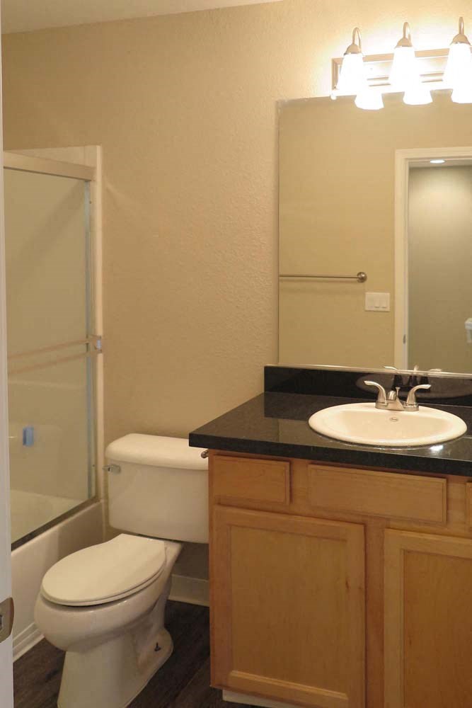 bathroom vanity with toilet  and tub/shower combination
