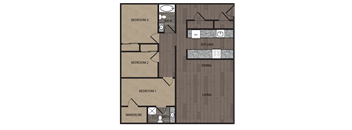 2D rendered drawing of three bedroom two full bathroom and kitchen floorplan. Approximately 1302 square feet.