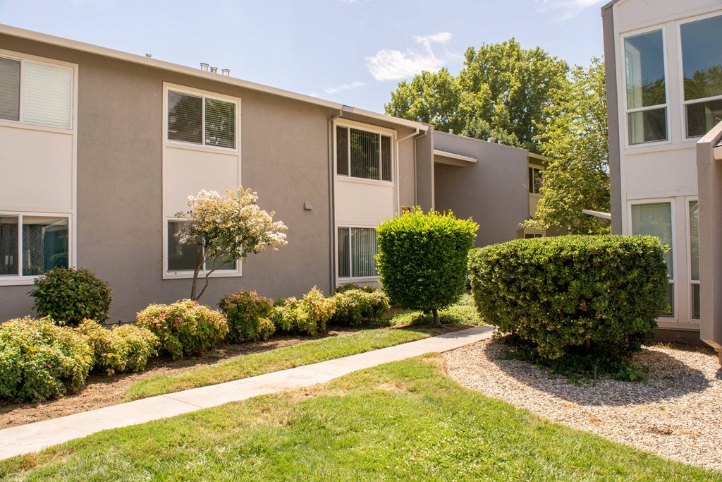 a sidewalk in front of an apartment building with bushes and grass