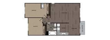 Rendered drawing of two bedroom one full bathroom and kitchen with private patio/balcony. Approximately 820 square feet.