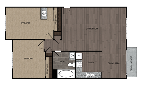 Rendered drawing of two bedroom one full bathroom and kitchen with private patio/balcony. Approximately 820 square feet.