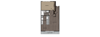 2D rendered drawing of one bedroom one full bathroom and kitchen floorplan. Approximately 513 square feet.