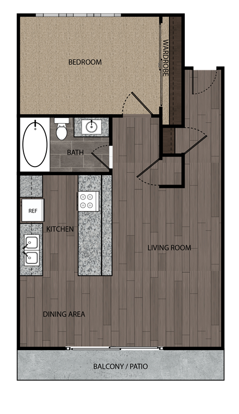 2D rendered drawing of one bedroom one full bathroom and kitchen floorplan. Approximately 513 square feet.