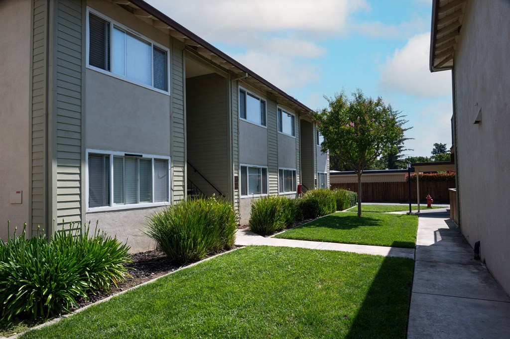 View of well kept landscaping in between buildings
