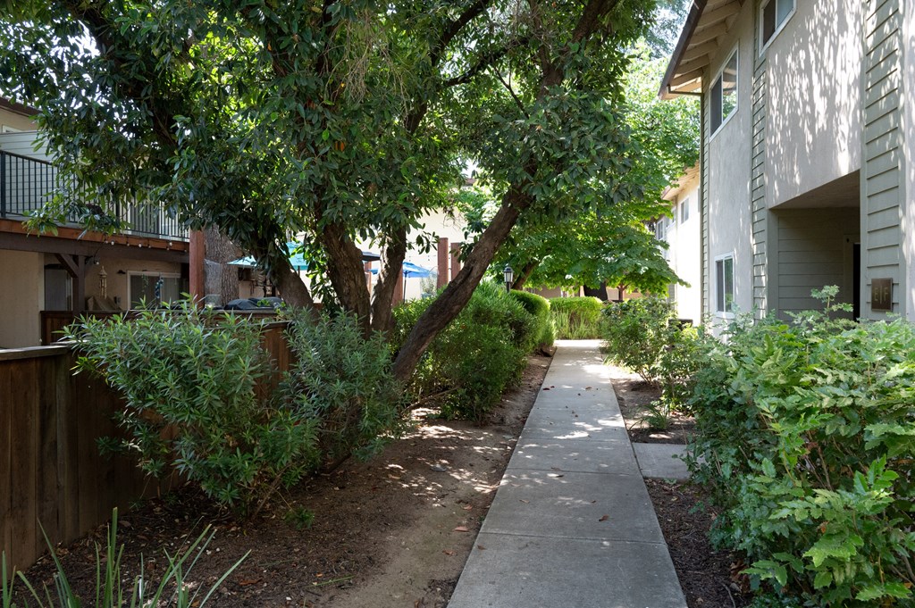 View of exterior buildings, private patio/balcony, and shade trees covering sidewalk