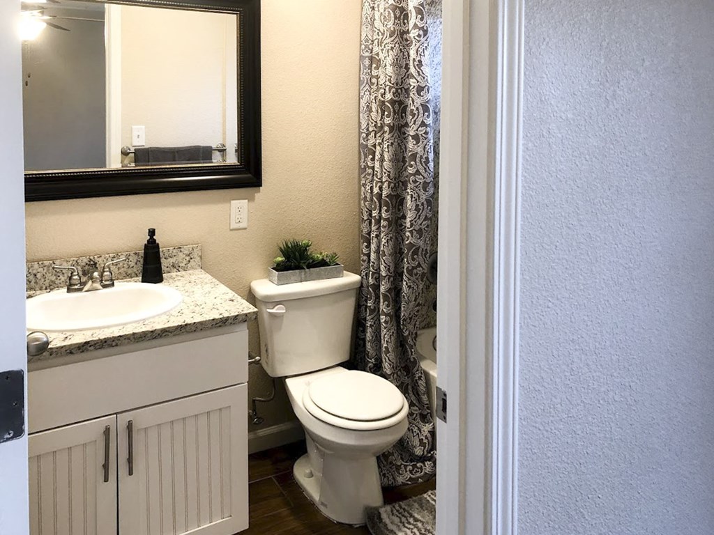 View of furnished bathroom with vanity and in laid sink, mirror, toilet, and view of shower curtain for tub shower combo