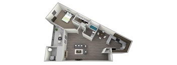 3D rendered drawing of a one bedroom one full bathroom floorplan with full kitchen, private patio-balcony, large walk in closet and washer and dryer connections. Approximately 760 square feet.
