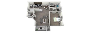 One Bedroom one  full bathroom and half bath, full kitchen with half bath in living room, washer and dryer included, and private balcony/ patio in a rendered 3D drawing.