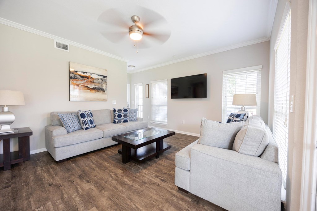 a living room with two couches and a coffee table