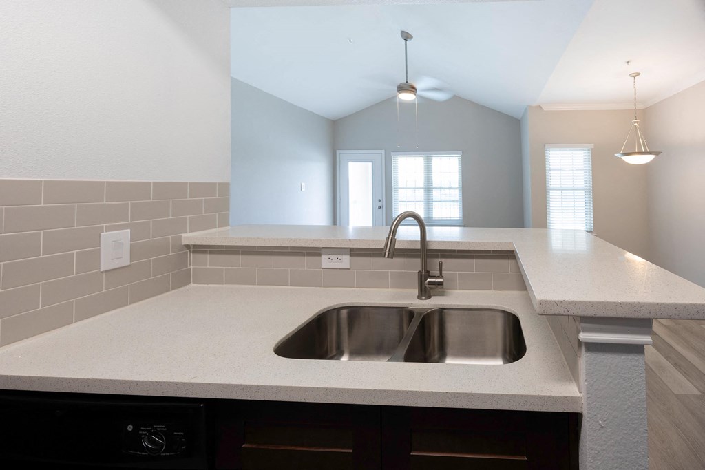 a kitchen with a sink and a window