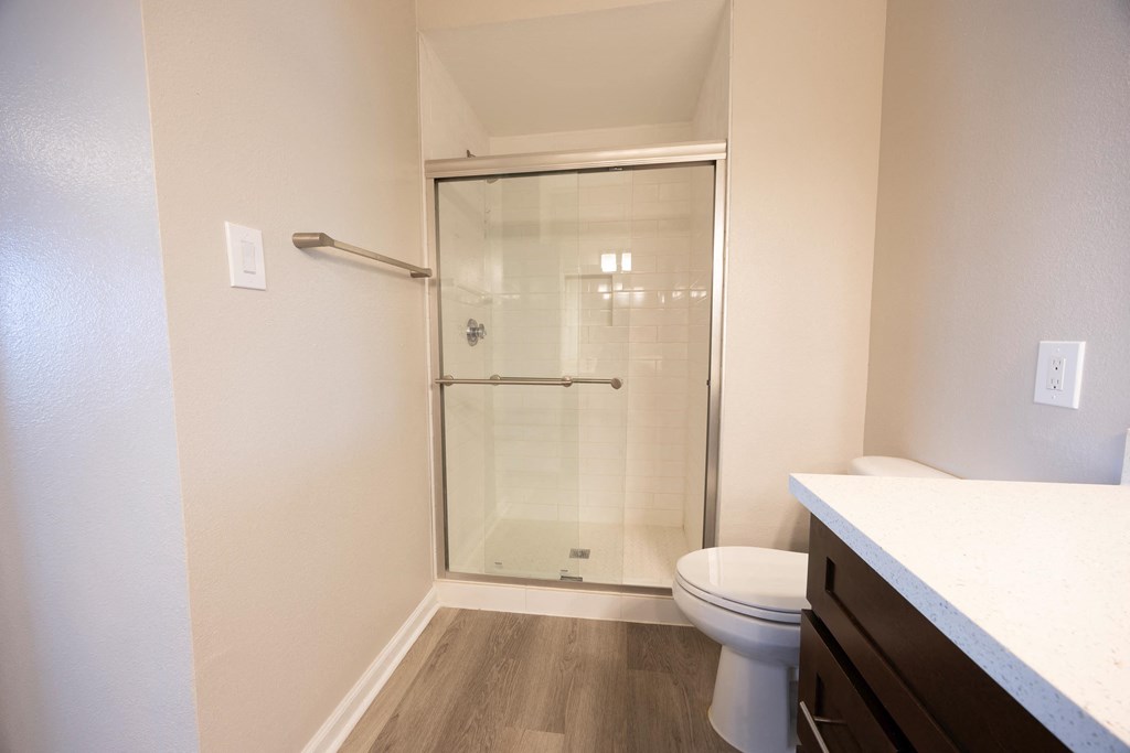 a bathroom with a shower and a toilet and a sink