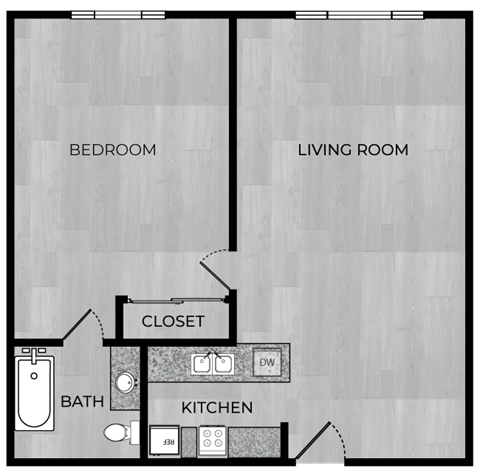 A floor plan of a small apartment with a bedroom, living room, kitchen, and bathroom.