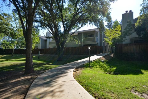 Exterior view of buildings with private patio/balcony, side walk winding in between with lush grass area and pet stations