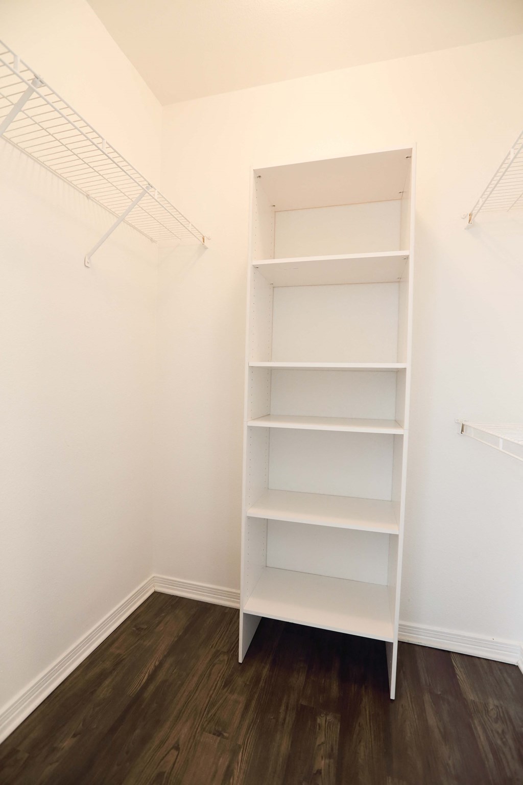 View into the walk in closet with built in shelving