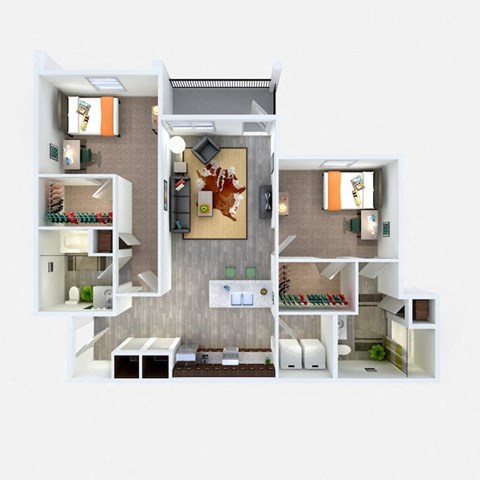 a 3d drawing of a furnished floor plan with a bedroom and living room