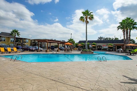 A large outdoor swimming pool surrounded by palm trees and lounge chairs.