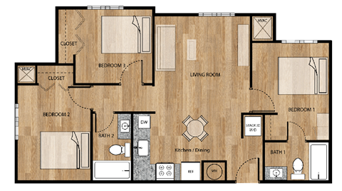 3 Bedroom Floor Plan at Parks Residential - Richardson, Texas