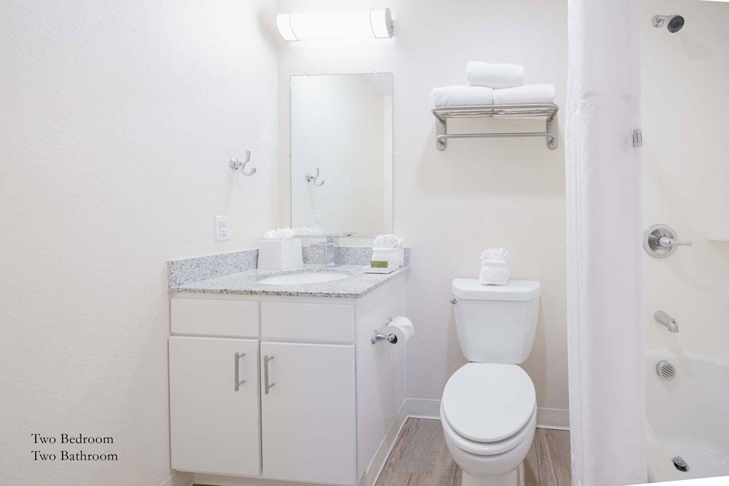 a bathroom with a toilet and a sink and a mirror at Parks Residential - Richardson, Richardson, Texas