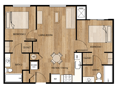 Two bedroom two bathroom floor plan at Parks Residential - Denver, Centennial, CO 80111