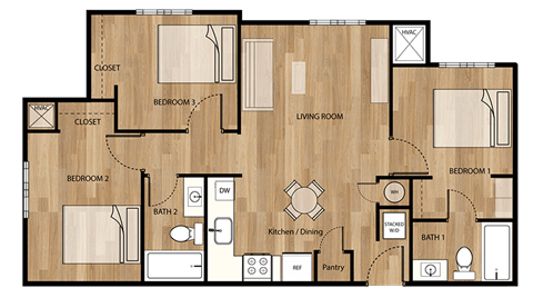 Three bedroom two bathroom floorplan at Parks Residential - Denver, Centennial, CO