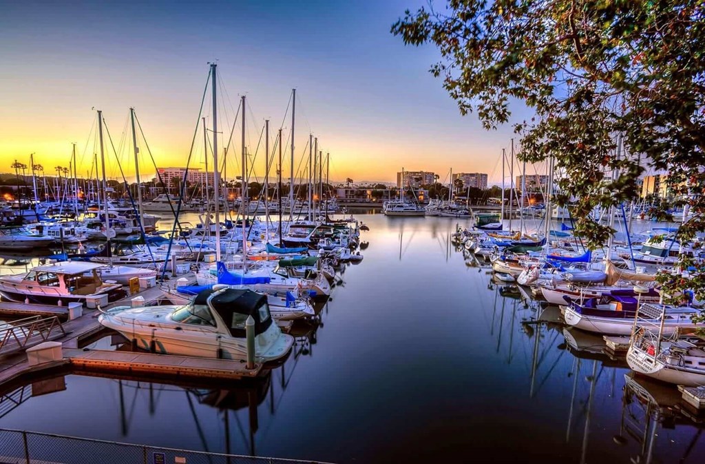 A marina filled with boats at sunset.