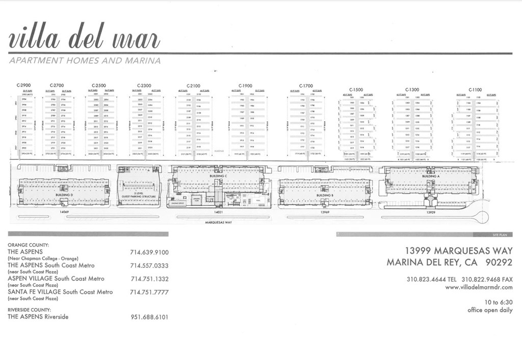 A page from a brochure for Villa del Mar, an apartment complex with multiple floor plans and contact information.
