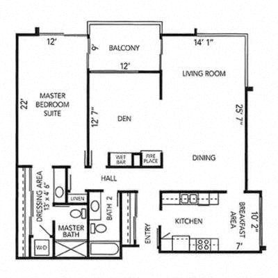 A black and white floor plan of a house with a master suite and a living room.