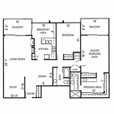 A black and white floor plan of an apartment with a living room, kitchen, dining room, and bedrooms.