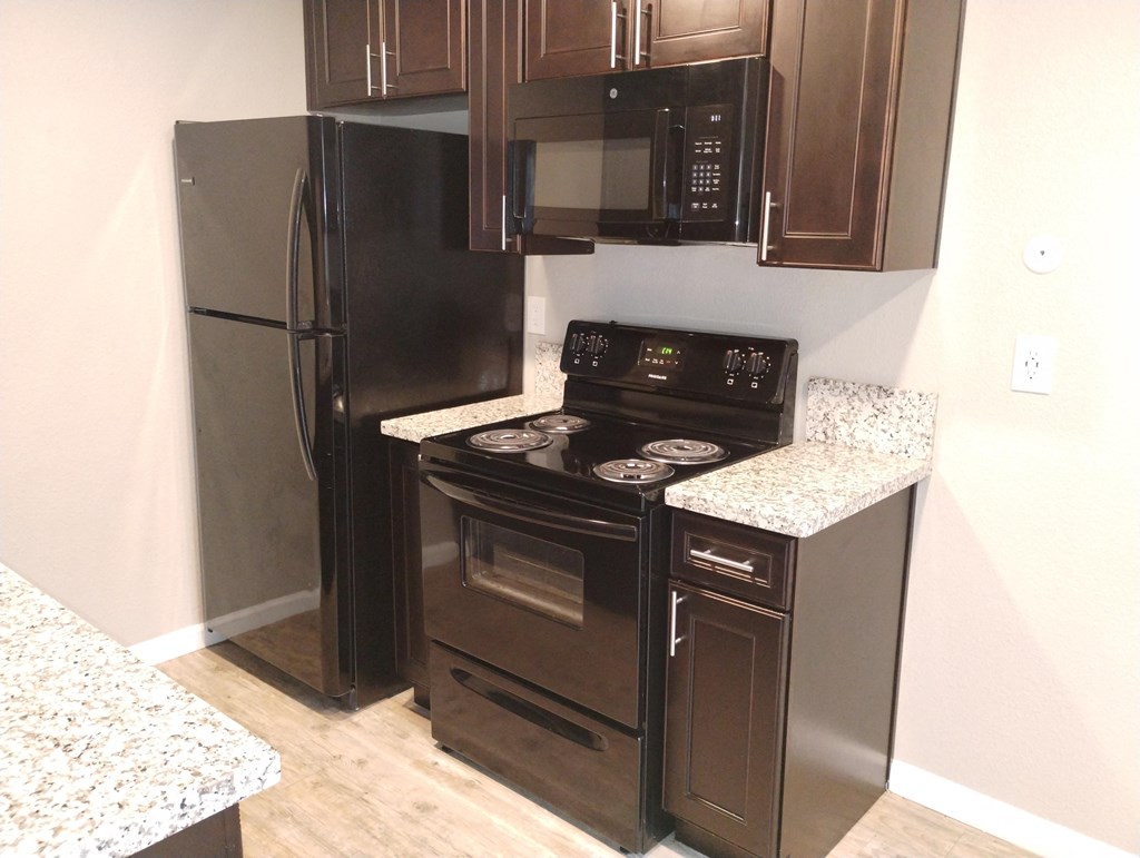 a kitchen with black appliances and a refrigerator