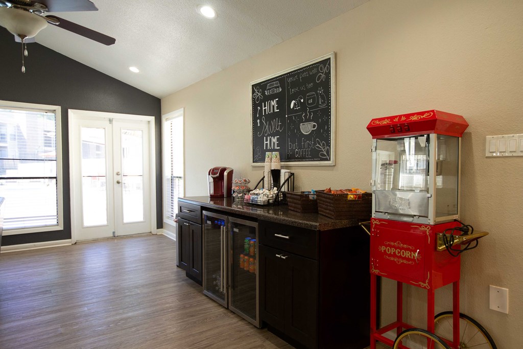 coffe bar and popcorn machine in clubhouse