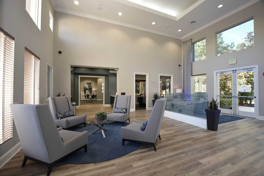 a living room with gray chairs and a blue rug