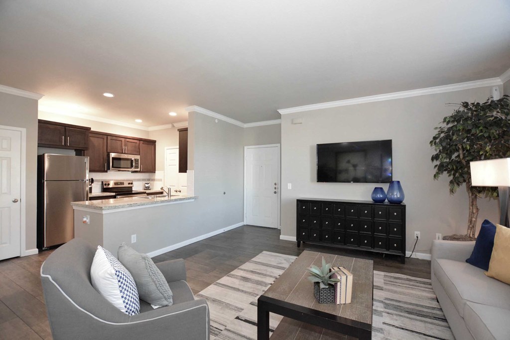 a living room and kitchen with a couch and a table