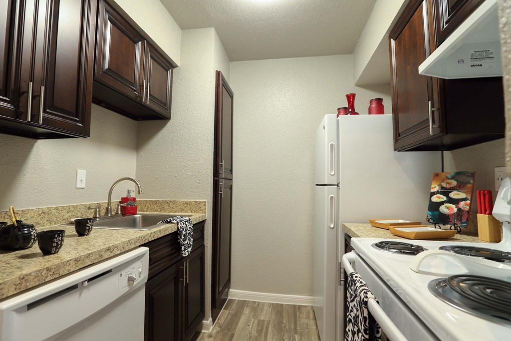 a kitchen with a stove sink and refrigerator