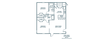 A floor plan of a house with labeled rooms and dimensions.