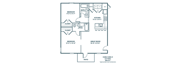 A floor plan of a house with a kitchen, three bedrooms, a bathroom, and a great room.