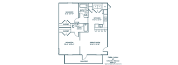 A floor plan of a house with a garage and a balcony.