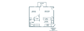 A floor plan of a home with a balcony and a great room.