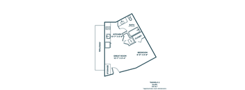 A floor plan of a studio apartment with a kitchen, bathroom, and living room.