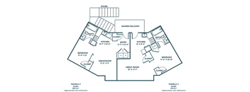 A floor plan of a house with a shared balcony and four bedrooms.