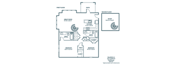 A floor plan of a two-story house with a garage and a study on the second floor.