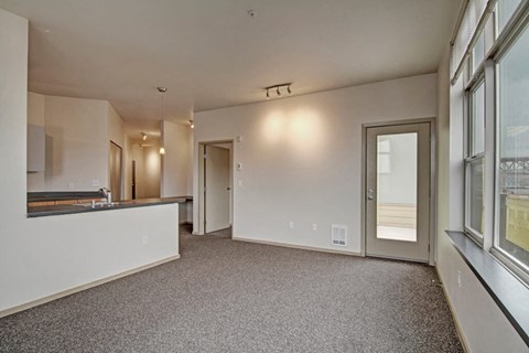 A spacious room with a carpeted floor and a window on the right side.